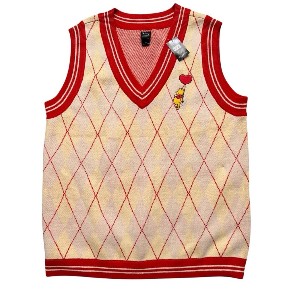 Disney Her Universe Vest Womens Size XL Winnie the Pooh Logo Argyle Beige NEW